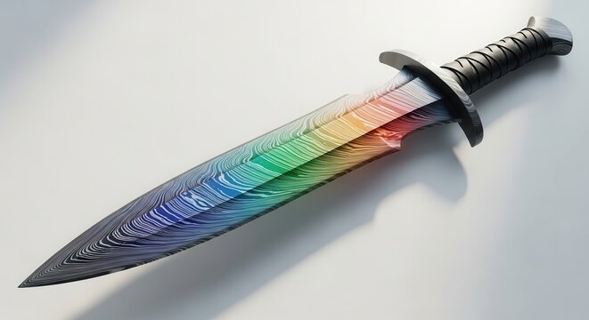 A strikingly vibrant short sword blade showcases a mesmerizing rainbow damascus pattern,