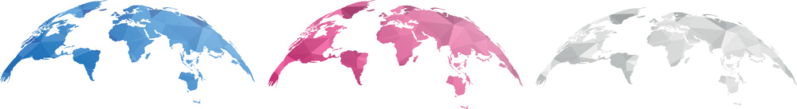 Blue Pink and Gray Low Poly World Map Globe Set Vector illustration