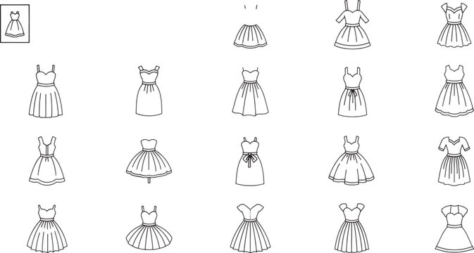 Collection of black line of various women's dresses clothing fashion apparel