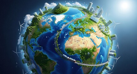 Fototapeta premium A futuristic, green and blue planet with a winding road, green hills, and a train traveling through the landscape. 