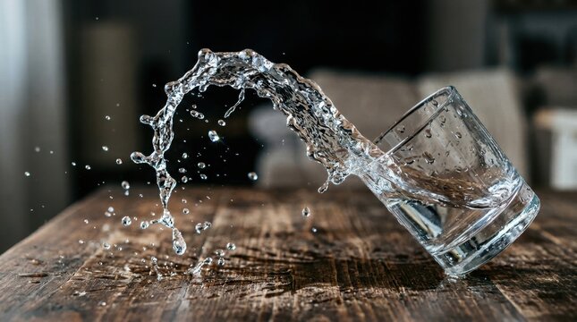 A frozen moment in time captured mid-action  a glass of water tipping over a wooden table, liquid suspended in the air in a perfect crystalline arc, individual droplets