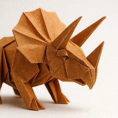 Brown paper triceratops dinosaur folded isolated on white surface