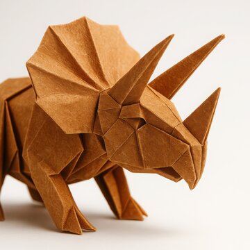 Brown paper triceratops dinosaur folded isolated on white surface