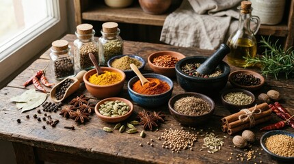 Fototapeta premium Various spices displayed in an artistic arrangement, different shapes and colors including powders and whole seeds, subtle shadows enhancing depth, composition visually rich and