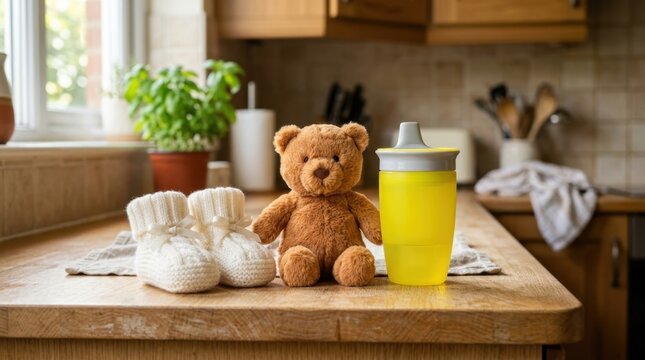Adorable infant booties, a cuddly teddy bear, and a bright yellow sippy cup arranged on a wooden countertop