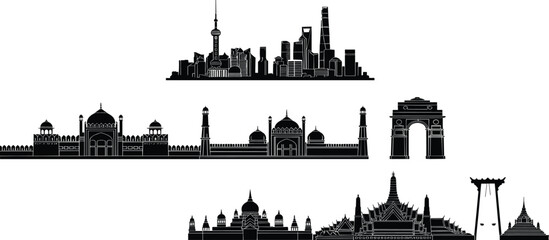 Obraz premium World landmarks collection with Asian temples pagodas Indian monuments Mexico City skyline and St Peters Basilica black vector illustration silhouette set