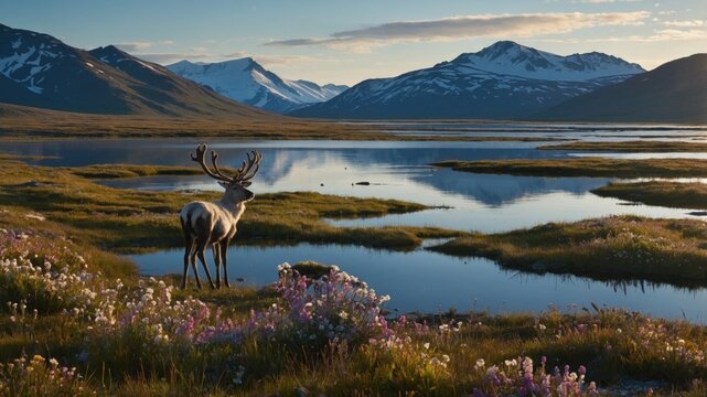Majestic reindeer stands by a serene lake surrounded by vibrant wildflowers and mountains at sunset
