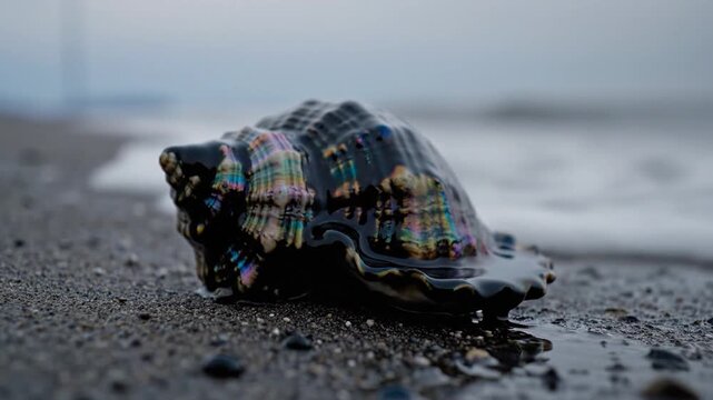 A Wet Iridescent Seashell Resting on a Dark Sandy Beach With a Misty Ocean Background