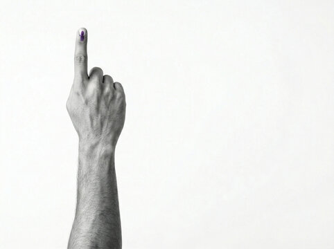 indian male hand in black and white with blue voting ink mark isolated on white background for election awareness concept with copy space