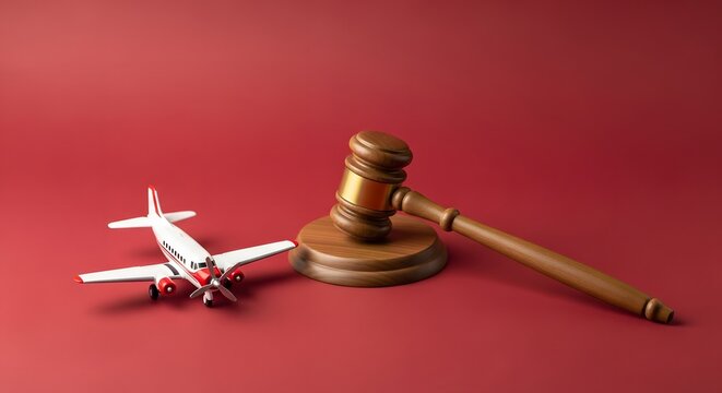 flight ban concept, small airplane model with gavel, symbol of regulatory enforcement, flight restriction and aviation legal authority