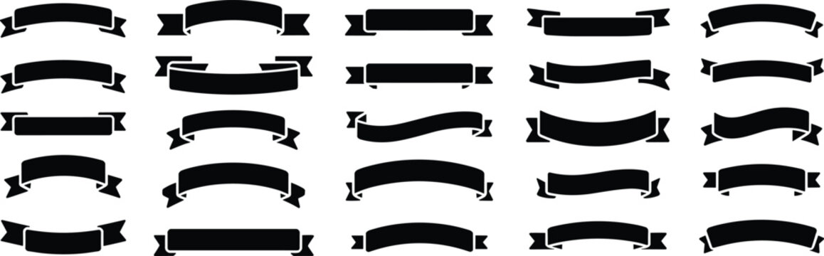 Collection of 25 black ribbon banners in various shapes and styles on a white background label