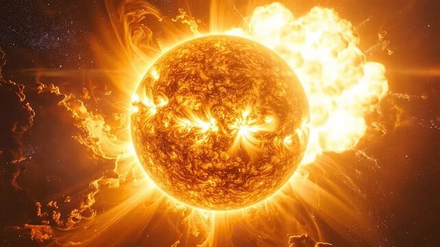 Vibrant depiction of the sun, showcasing its radiant energy and dynamic solar flares against a cosmic background.