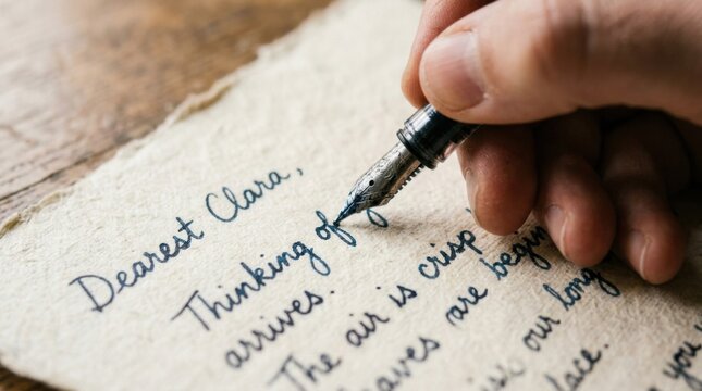 Hand writing a personal note on textured paper, visible strokes and slight imperfections adding realism, soft natural light enhancing warmth, composition intimate and focused on