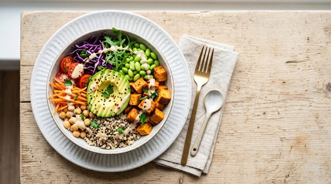 Top-down view of a healthy vegan Buddha bowl with quinoa, avocado, sweet potato, and fresh vegetables on a rustic wooden table