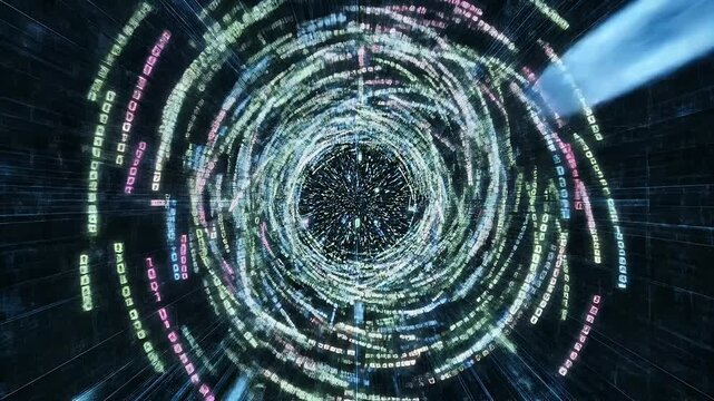 Abstract digital vortex with glowing data streams in a dark, futuristic environment