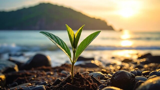 A young plant growing on a y beach with the ocean and a mountain in the background at sunset.