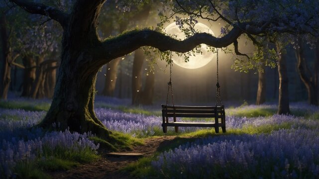 Enchanted evening in a moonlit forest with a swing surrounded by blooming flowers and soft light