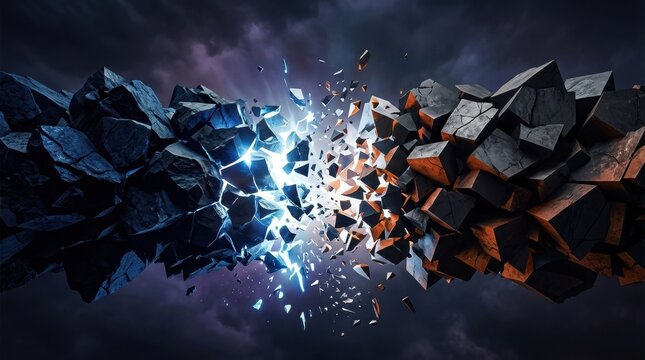 Conceptual visualization of geopolitical tension with two opposing abstract masses pushing against each other, fragments breaking apart at the center, strong contrast and dynamic