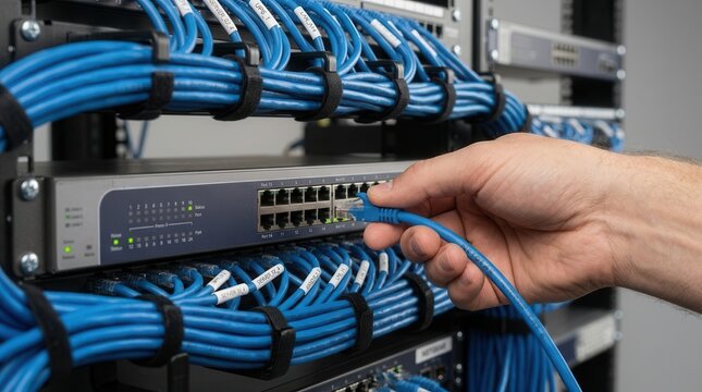 Hand connecting a blue Ethernet cable to a network switch in a data center rack