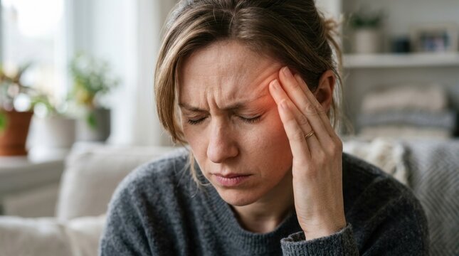 Close-up of a person holding their head in pain, subtle red glow highlighting the temple area, soft blurred background isolating the subject, expression suggesting discomfort and