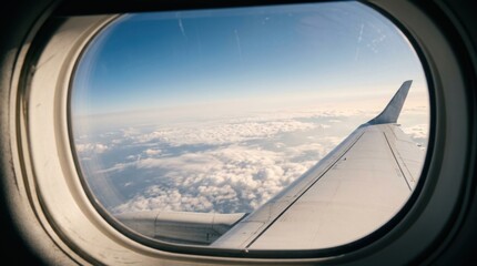 Fototapeta premium View from an airplane window showing clouds stretching across the sky, wing partially visible, soft sunlight illuminating the atmosphere, subtle gradient of blue sky fading into