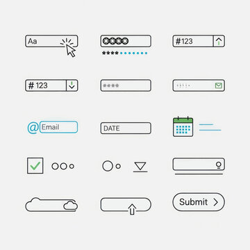 Collection of minimalist user interface form icons and design elements.