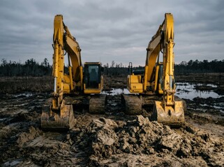 Fototapeta premium Two Bold Yellow Industrial Excavators Facing Forward in a Muddy Construction Site