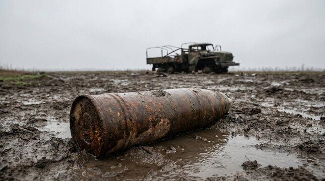 Rusty artillery shell amidst muddy battlefield ruins with abandoned military truck and cloudy sky creating a somber atmosphere of past barrage