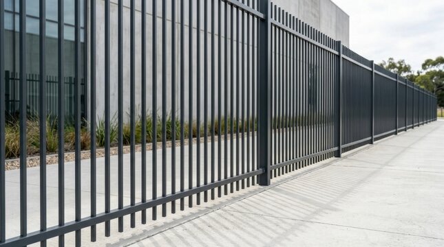 Metal fence running along an outdoor boundary, repeating vertical bars creating a rhythmic pattern, subtle shadows cast on the ground, clean environment with soft natural light,