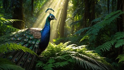 Obraz premium Majestic peacock displaying vibrant feathers in a lush green forest illuminated by sunlight
