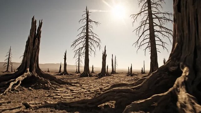 Arid Landscape of Dead Trees Under a Scorching Sun, Showcasing Extreme Drought and Desolation