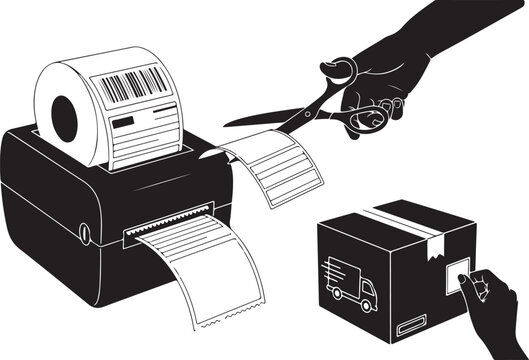 Black and white of hands cutting shipping labels from printer