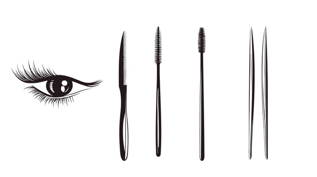 A black and white illustration of an eye and various cosmetic tools, focusing on eye makeup