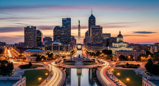 Aerial view of indianapolis cityscape at dusk with monument and canal