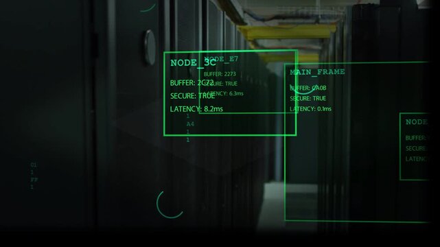 System scanning server aisle, HUD overlays sliding across racks updating node status for monitoring
