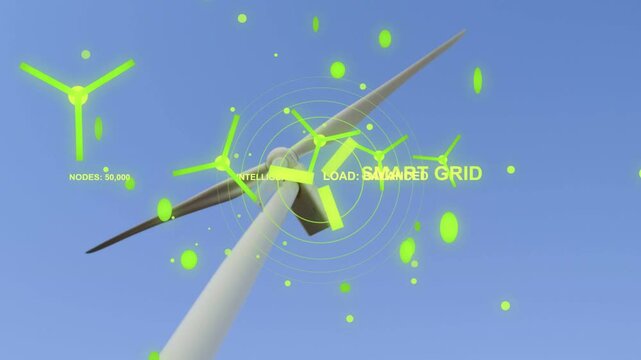 Vertical video: Starting holograms animating around turbine hub in clear sky, showing SMART GRID