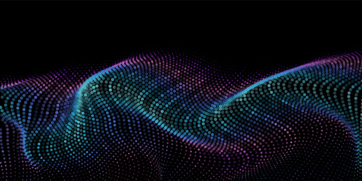 Vector abstract particle wave flow with neon blue and purple gradients on black background for technology digital science and artificial intelligence concept