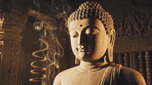 Serene Buddha Statue Meditation in Ancient Temple with Candles and Incense Smoke