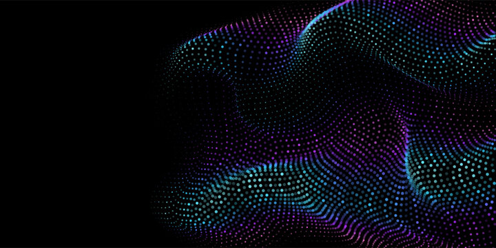 Vector abstract particle wave flow with neon blue and purple gradients on black background for technology digital science and artificial intelligence concept