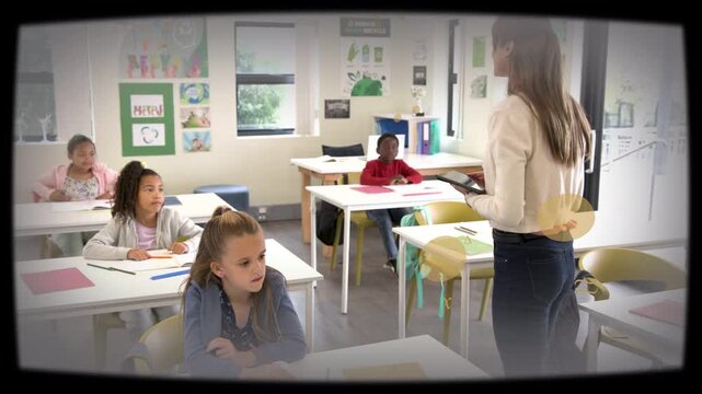 Yellow pi overlay sweeping teacher gesturing tablet class students raising hands answering queries