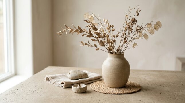 Close-up of minimal decor arrangement with ceramic vase, dried branches, and neutral textures on a clean surface, subtle shadows creating depth, calm and refined composition