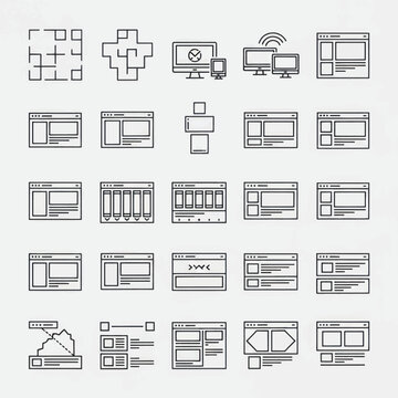 Sequence of UI wireframe layout icons and screen templates for dashboards and web pages.