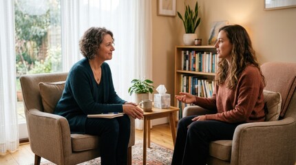 Fototapeta premium A calm therapy conversation session with two people seated facing each other in a cozy room, one speaking while the other listens attentively, soft natural light entering through a