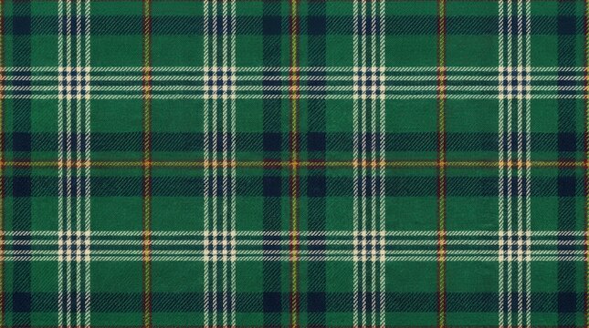 A seamless green plaid texture filling the frame, intersecting lines forming a classic check pattern, subtle fabric texture visible with soft lighting enhancing depth, clean
