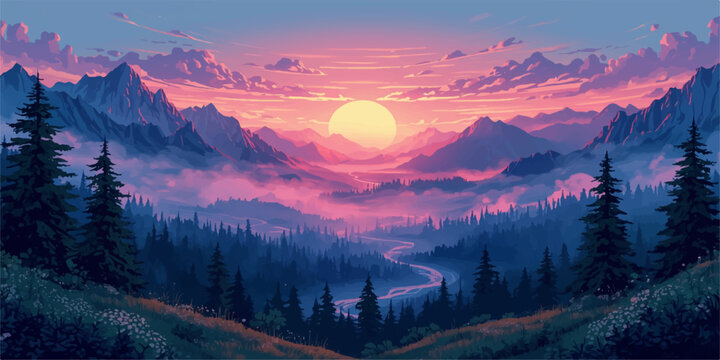 Mountain landscape with sunrise and sunset light over foggy forest hills and cloudy sky