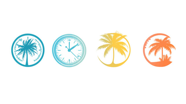 Four circular designs featuring stylized palm trees and clock-like elements with watercolor effect