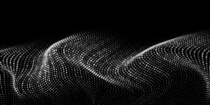 Flowing glowing dots particles light wave pattern 3D curve halftone curve shape isolated on black background. Vector in concept of technology, science, music, modern.
