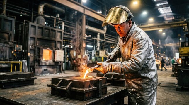 Skilled metallurgist in protective gear pouring molten metal into a casting mold at a hot industrial foundry
