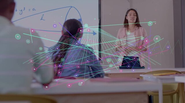 Teacher gesturing and teaching math diagram on board, causing animated overlay showing concepts