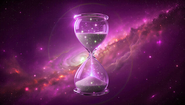 A sandglass filled with sand in the void of the universe